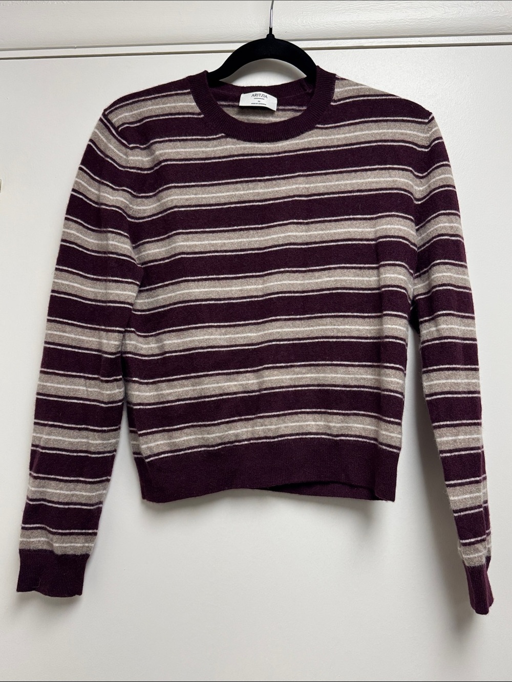 Aritzia Striped Crewneck Sweater in Plum and Cream - Picture 4 of 7